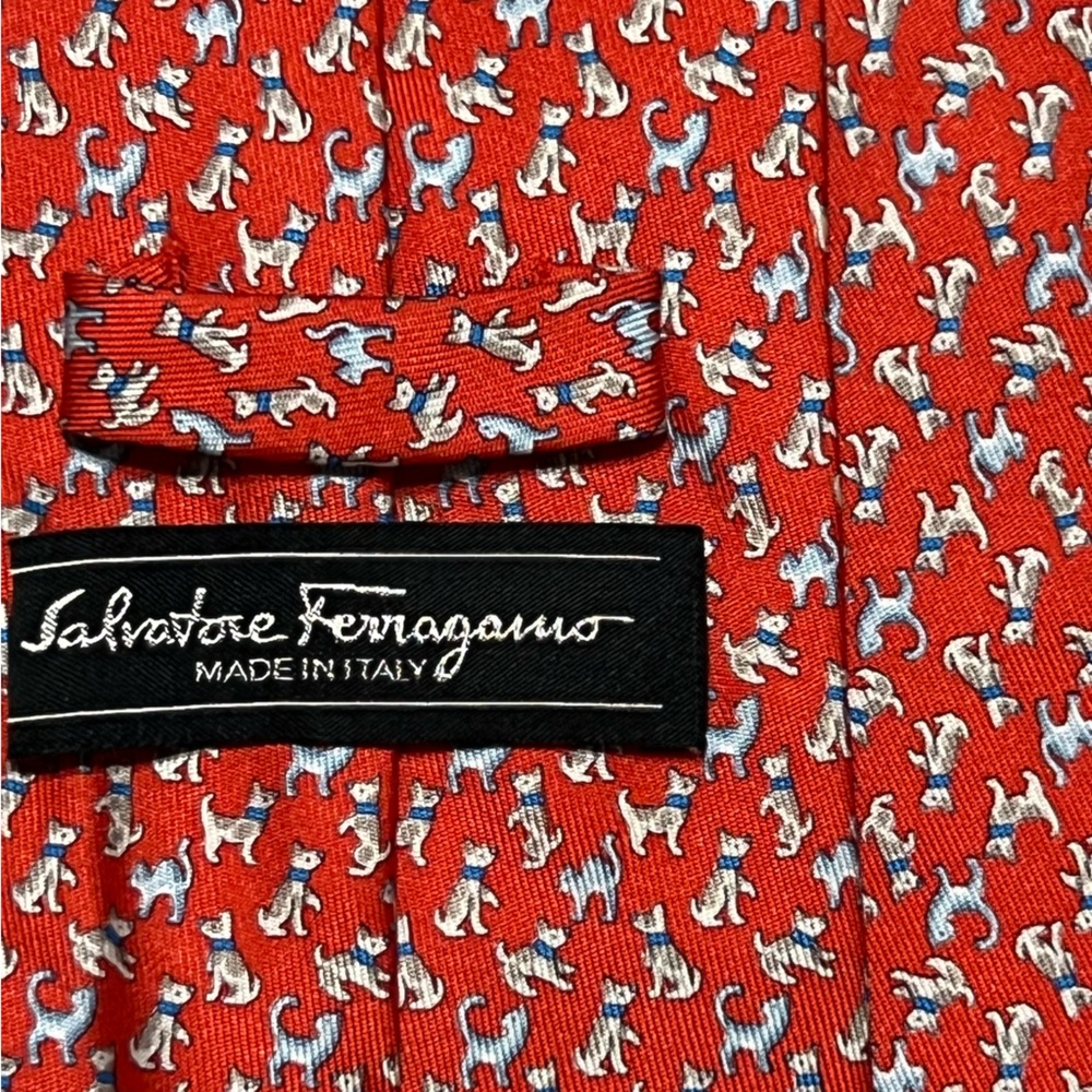 Salvatore Ferragamo Red with white and blue cats tie